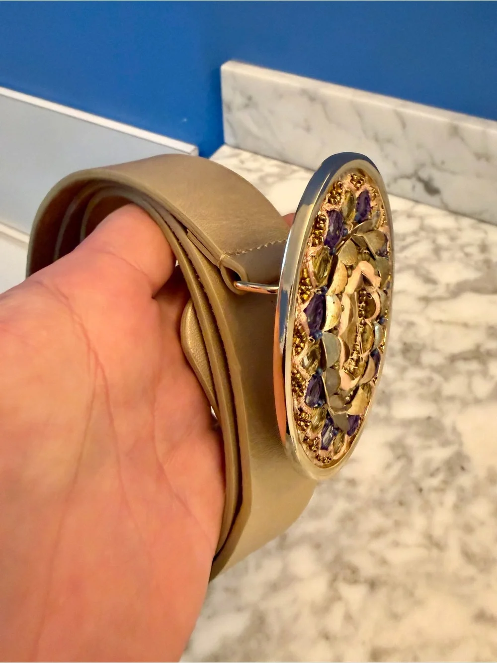 Chicos Western Jeweled Buckle Genuine Leather Belt Gold L 41” NWOT New